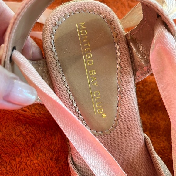 platform tie-up wedge espadrille sandal golden canvas w/pink ribbon shoe 5 1/2 - Picture 5 of 11